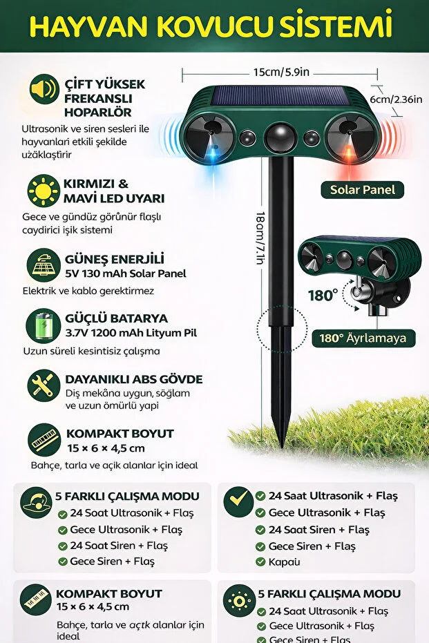Ultrasonic Solar Hayvan Kovucu Sensörlü Alarm